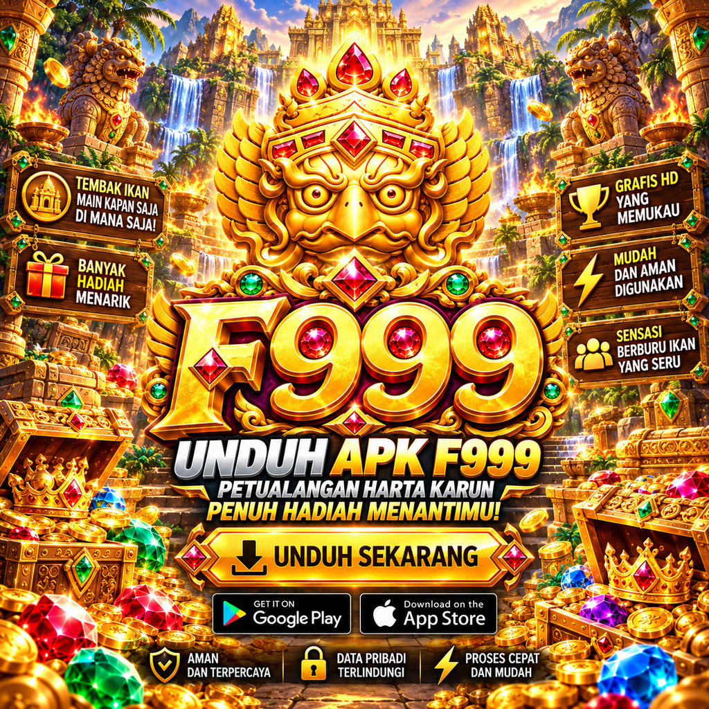 F999 APK dengan tema permata, harta karun, dan kuil emas