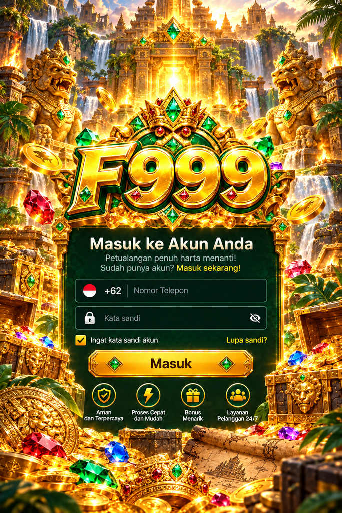F999 login dengan tema permata, harta karun, dan kuil emas